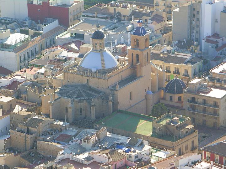 IMGP3071.JPG - Zoomed in view  from the top of 'Castillo de Santa Barbara' of the Church of Santa Maria and the Alicante Town Hall.